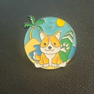 Corgi and a Surf Board on the beach Enamel Pin